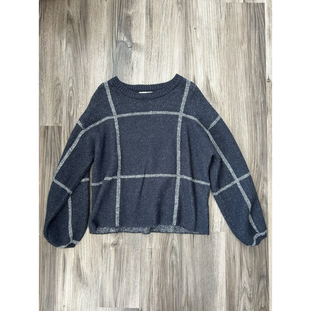 Women Windowpane Grid Boxy Sweater S Gray Oversized Balloon Sleeve Drop Shoulder